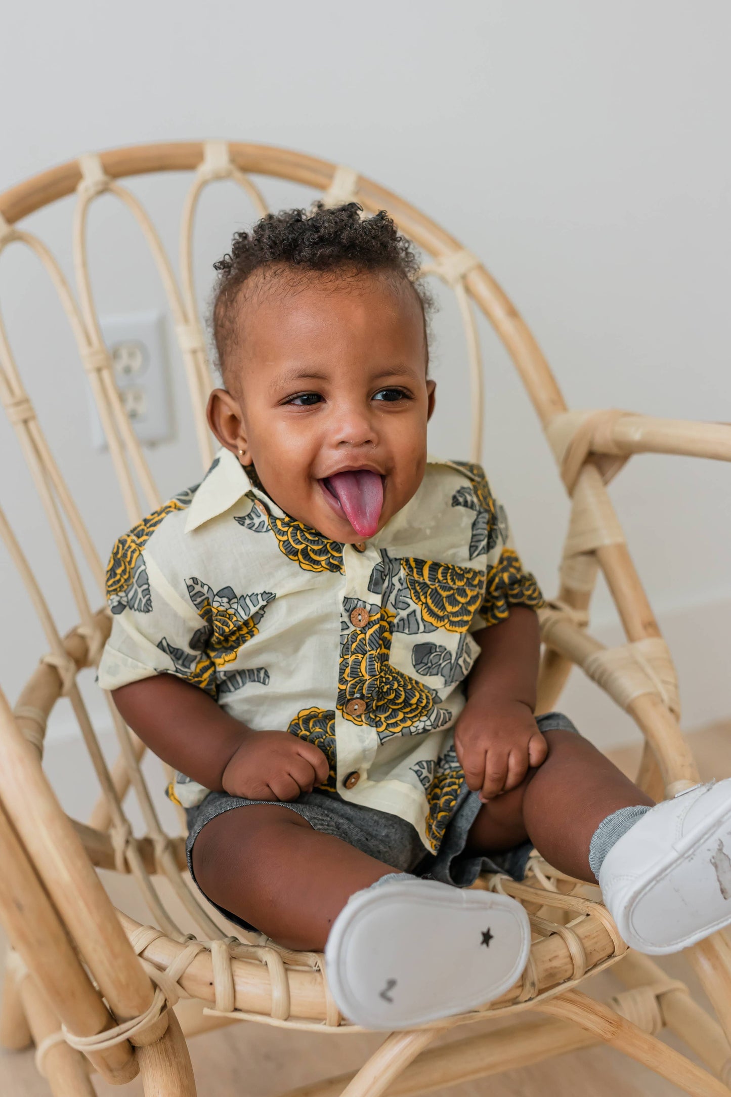 Mustard & Grey Floral Print Boys Shirt & Black Chambray Shorts YB2569