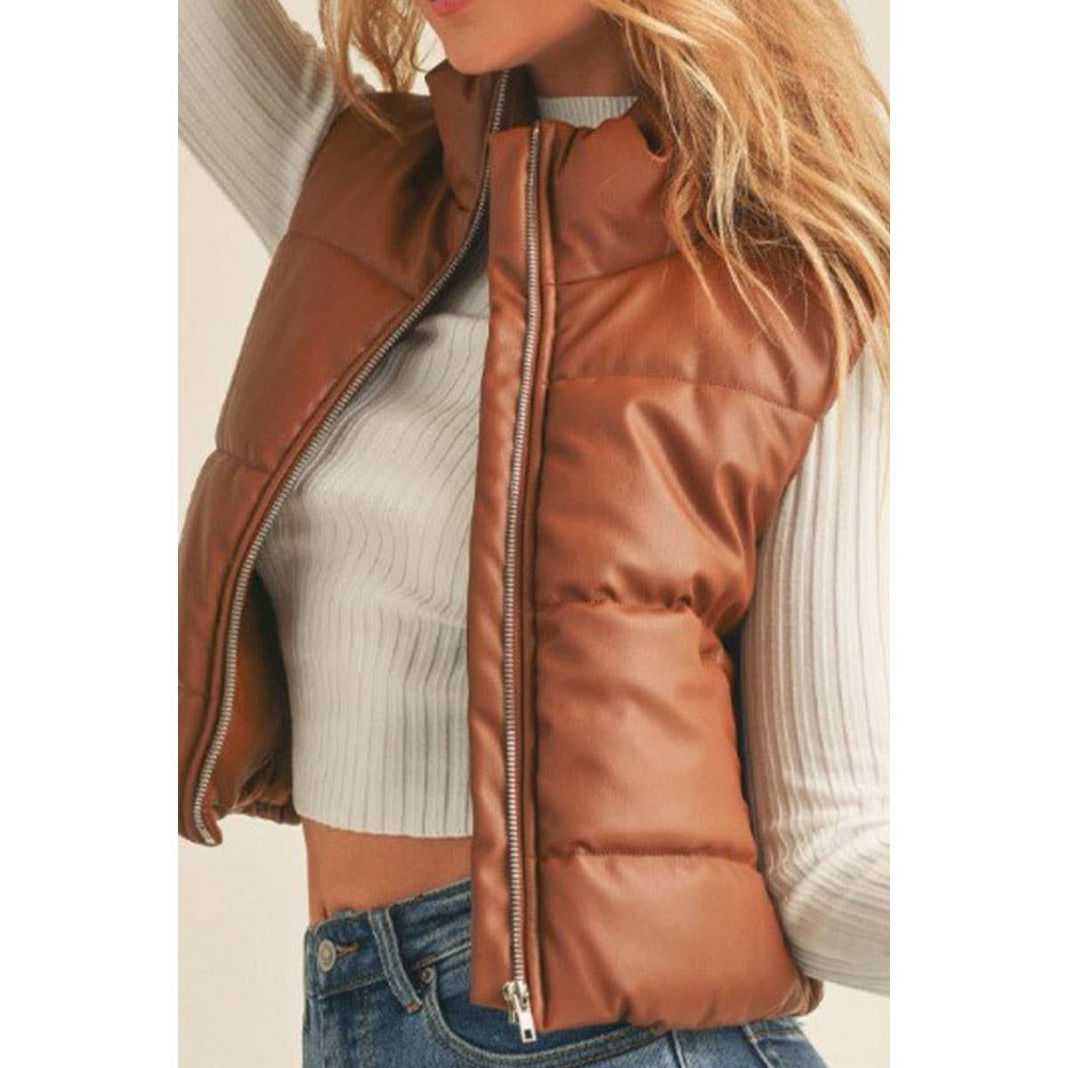 FAUX LEATHER HIGH NECK ZIP UP PUFFER VEST GJC4700