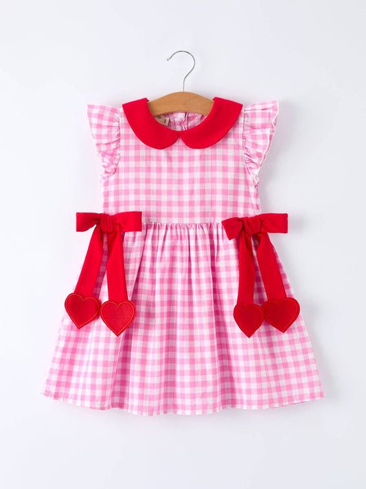 Rylee Faith Designs - Valentine Pink Plaid Girls Dress with Red Hearts and Bows-011026br1