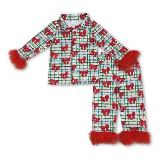 Yawoo Garments - Red fur green plaid bow girls Christmas button down pajamas