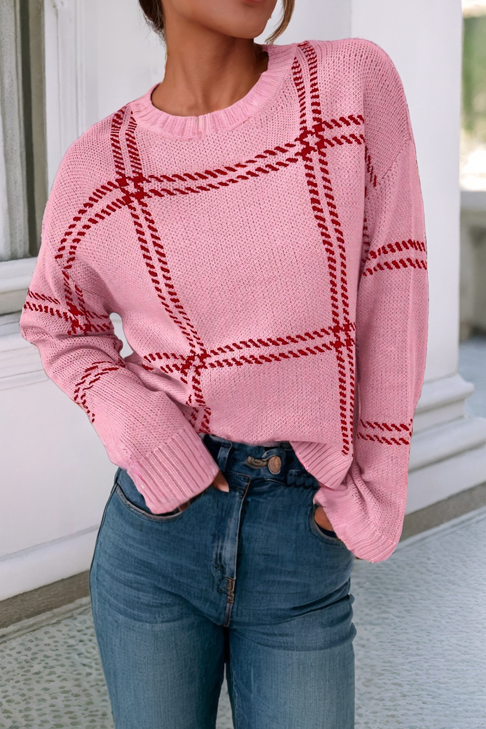 Plaid Pattern Knitted Drop Shoulder Sweater 1624