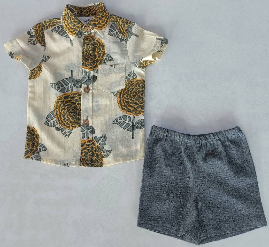 Mustard & Grey Floral Print Boys Shirt & Black Chambray Shorts YB2569