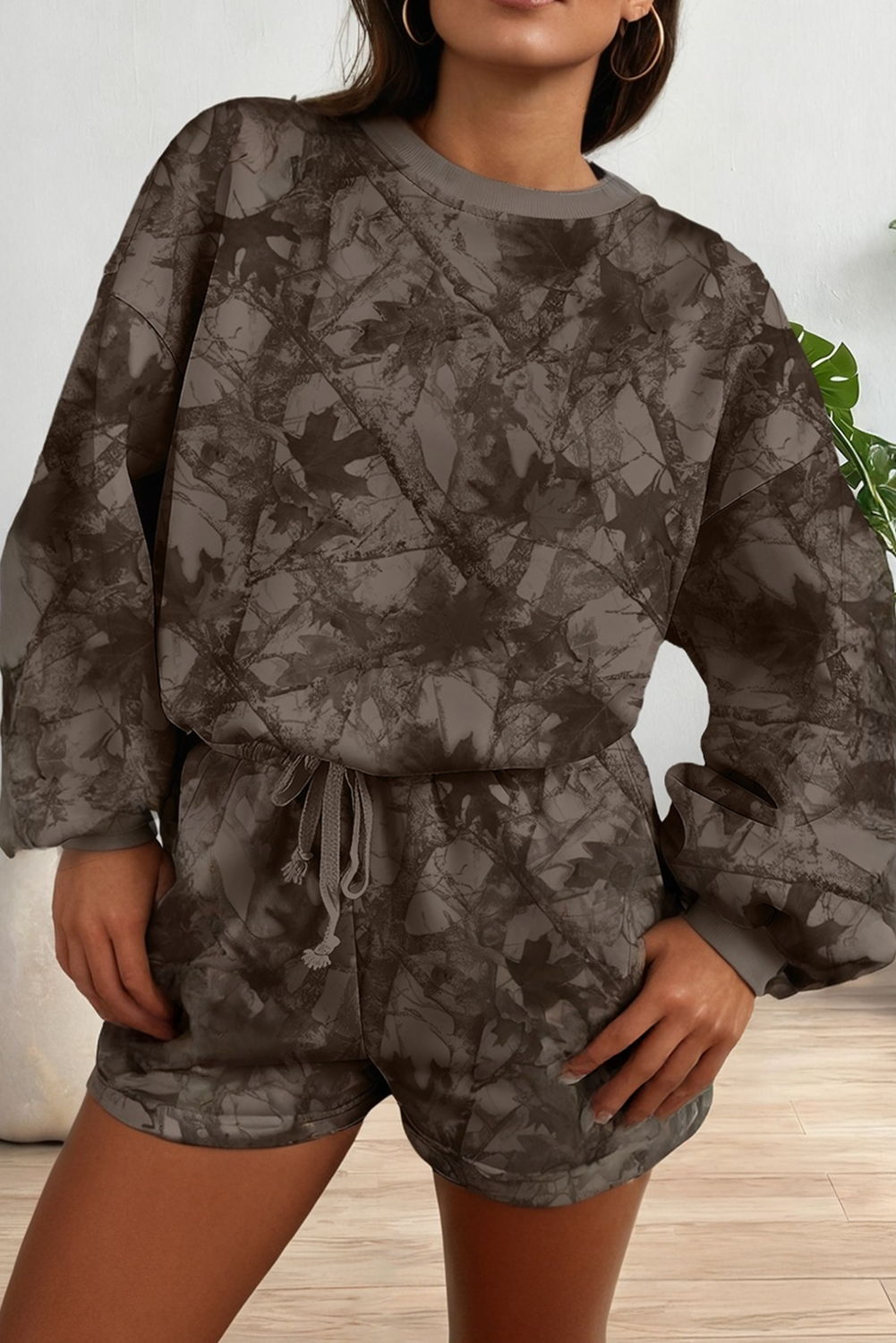 LAS Camouflage Print Drop Sleeve Lougewear Shorts Set-010826br