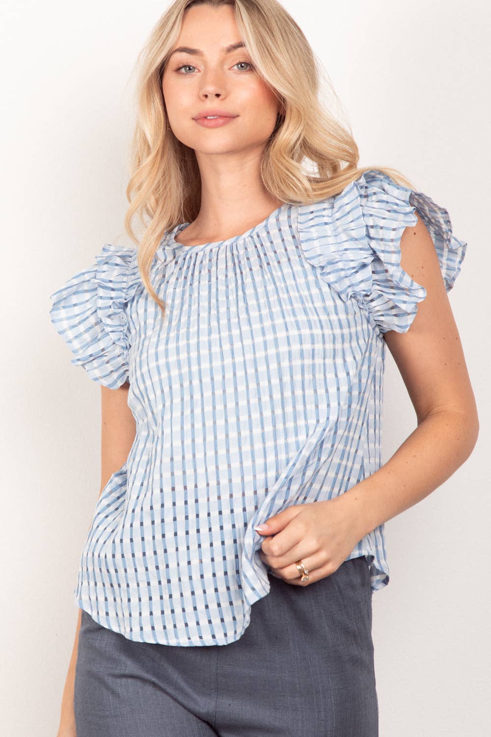 Layer Ruffle Sleeve Plaid Flannel Woven Top NTI-1480