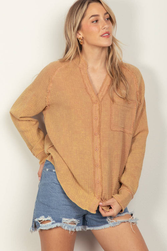 Oversized Washed Woven Crinkled Gauze Shirt Top TGST-0531