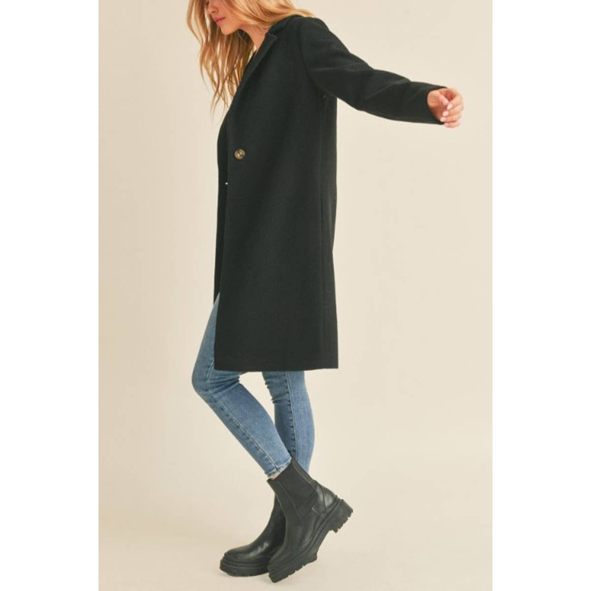 FAUX WOOL SINGLE BREASTED NOTCHED COLLAR LONG COAT GJC757