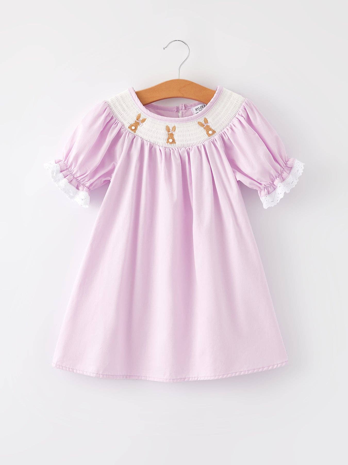 Girls Easter Bunny Smocking Embroidered Lace Cuff Purple Dress 011226AJ