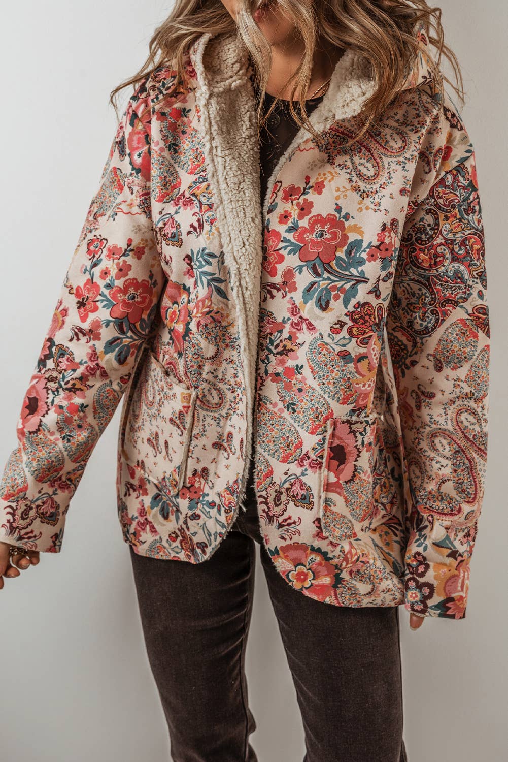 Vintage Paisley Floral Sherpa Lined Hooded Jacket P1520VP