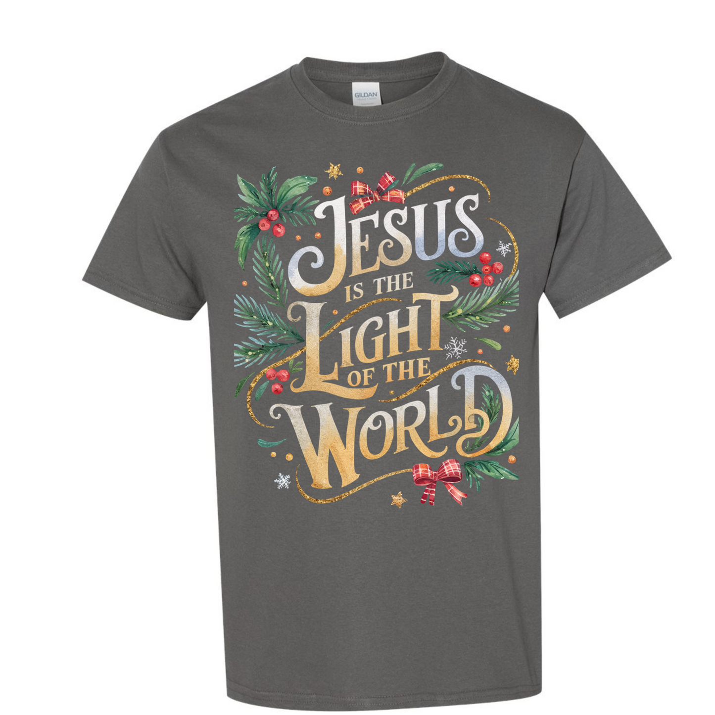 Jesus is the light world (gold font, red bows and greenery) T shirt  (gildan)