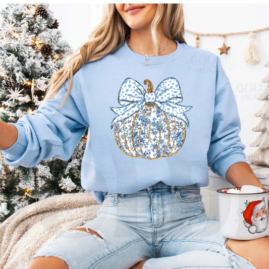 Blue and white pumpkin ( blue and white poka dot bow, blue and white flowers) Sweatershirt