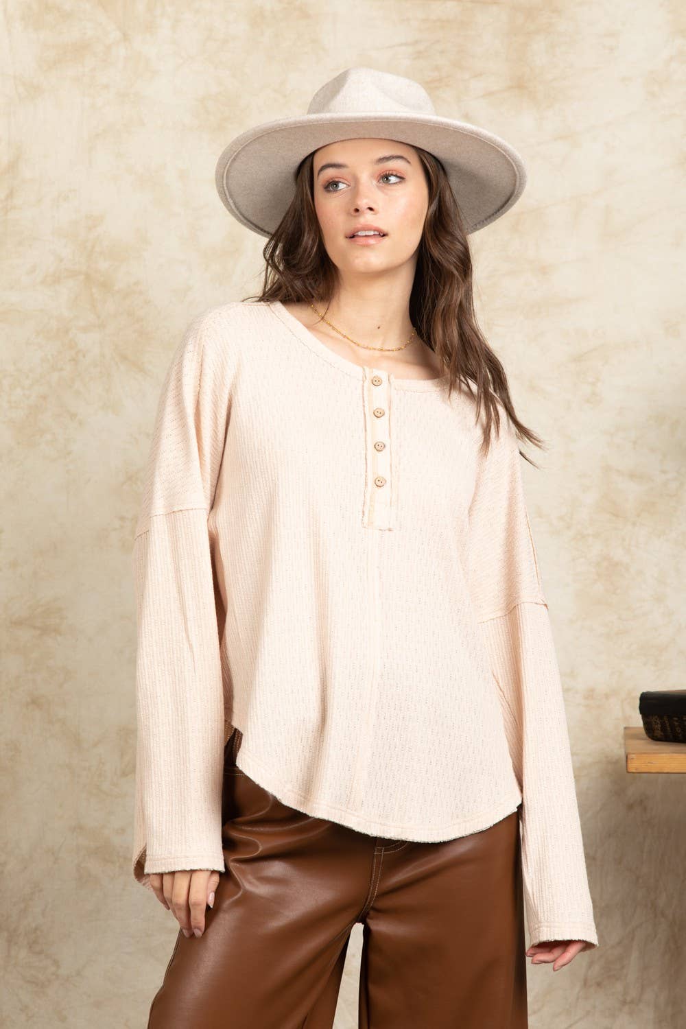 Button Down Oversized Soft Henley Knit Top NT11146-