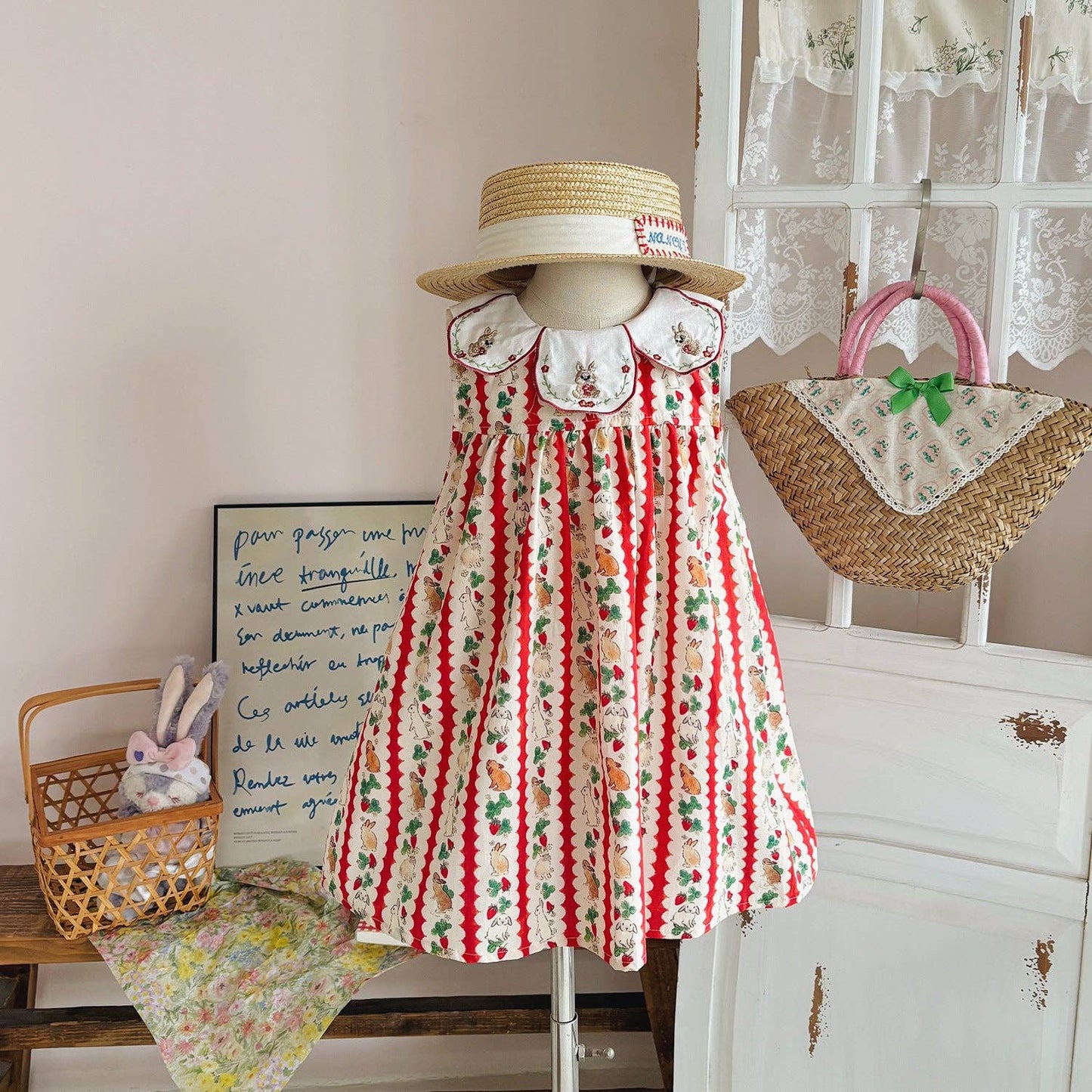 Easter Floral And Rabbit Embroidered Girls Dress 02182026MG1