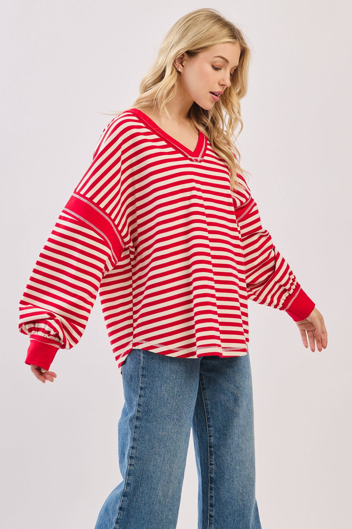 Striped Balloon Sleeve V-Neck Knit Top-SBSVK