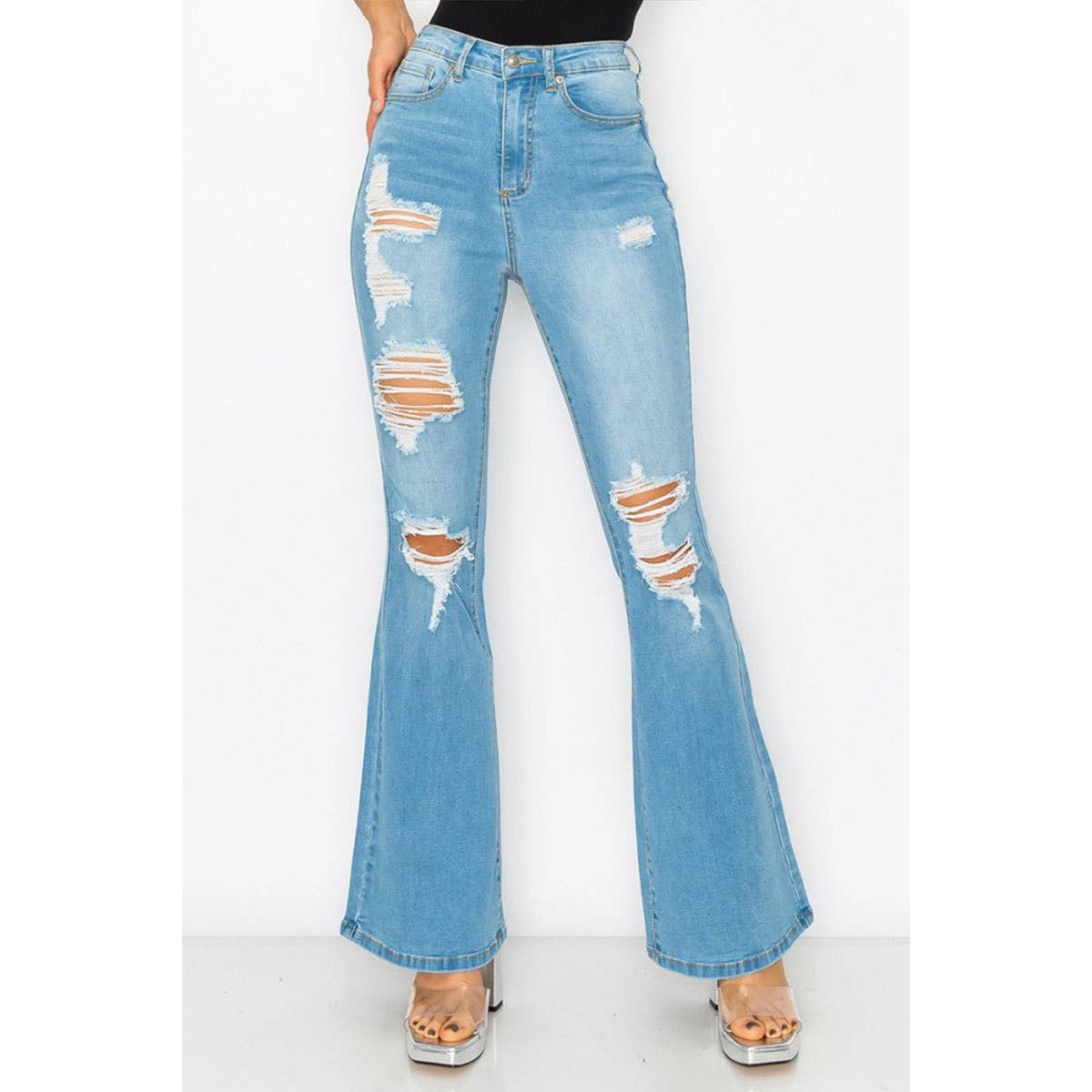 BLOWN OUT DESTRUCTED FLARE DENIM JEANS  GUPW-283