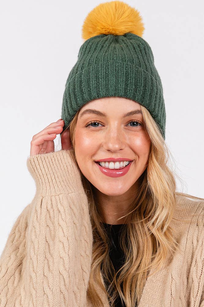 Two Tone Color Pom Pom Women's Beanie Winter Hat 111225-AS