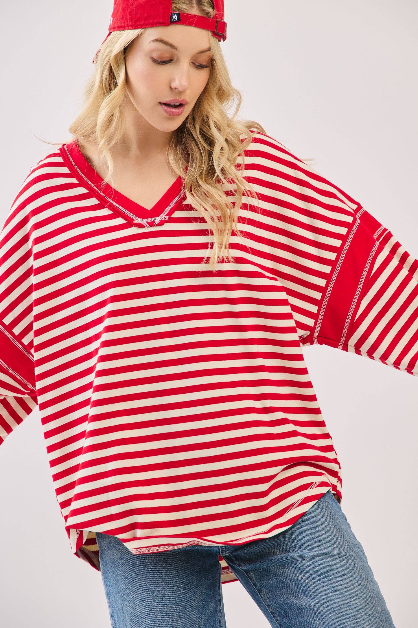 Striped Balloon Sleeve V-Neck Knit Top-SBSVK
