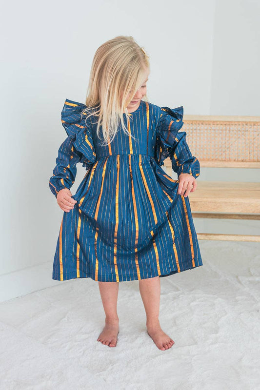 Yo Baby - Navy & Gold Lurex Ruffle Long Sleeve Dress : Toddler : Tween : Kids YB2482