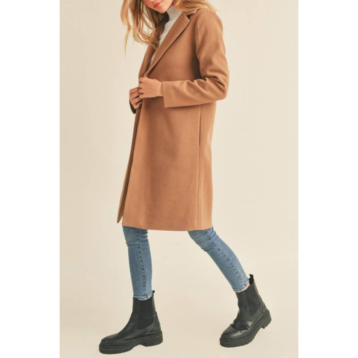 FAUX WOOL SINGLE BREASTED NOTCHED COLLAR LONG COAT GJC757