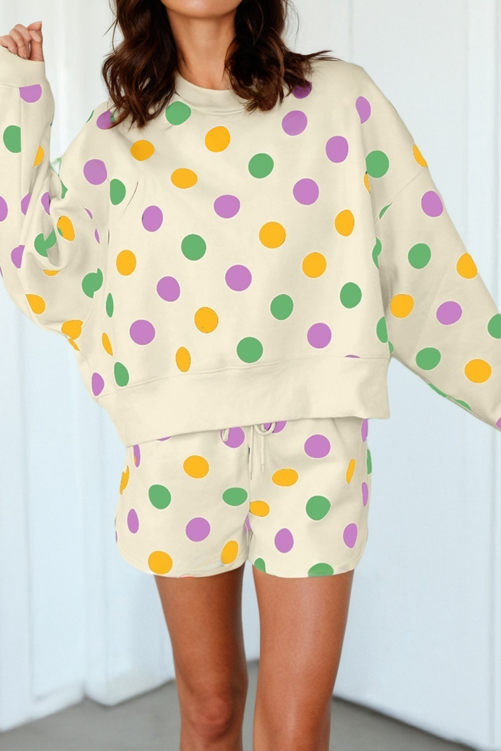 Polka Dot Print Drop Shoulder Pullover Drawstring Short Set-010826br6