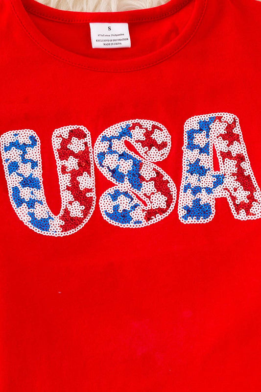 Girl’s Set USA Sequin Appliqué Red Top & Stripe Shorts OFG596