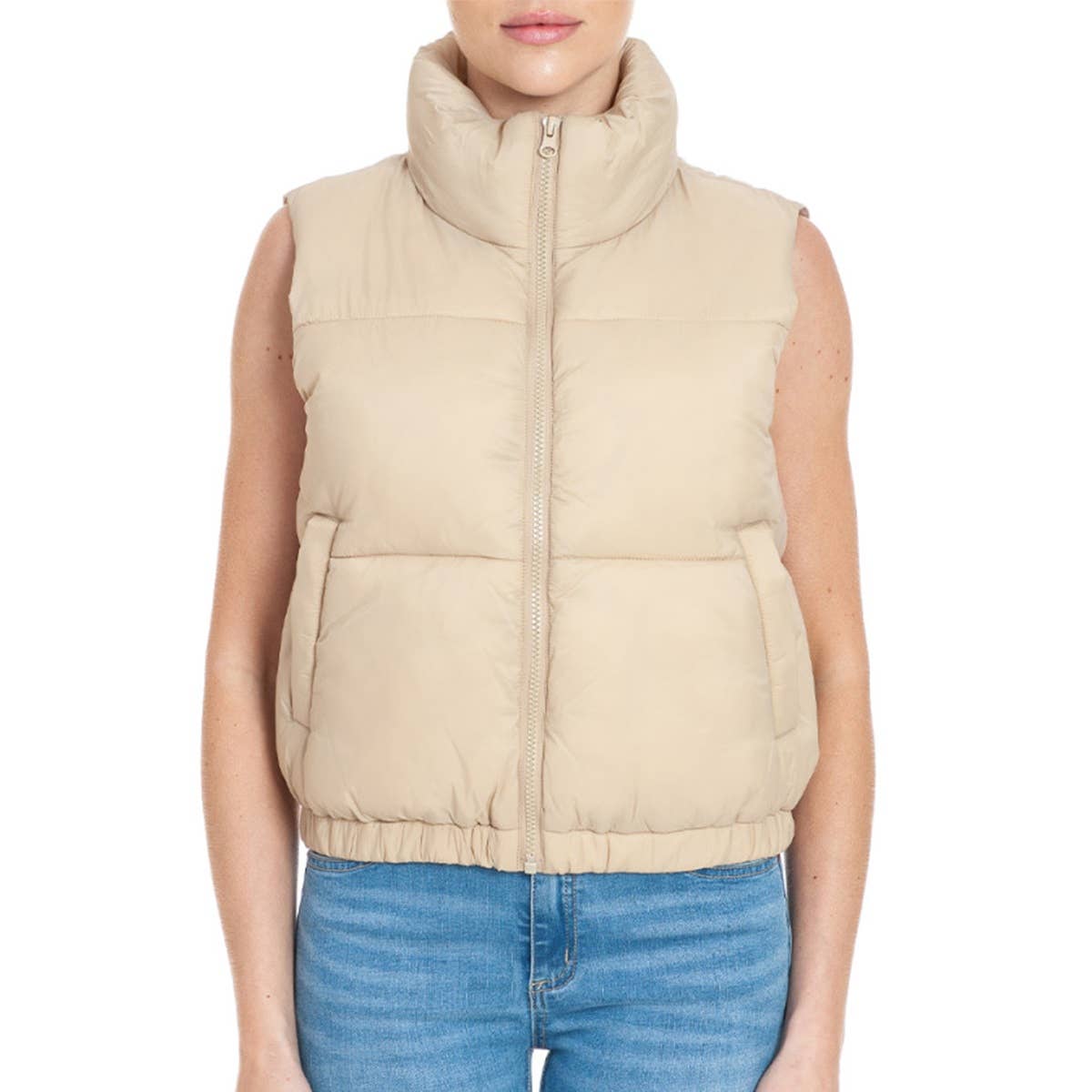 Nylon High Neck Faux Down Puffer Vest  GUJC-792