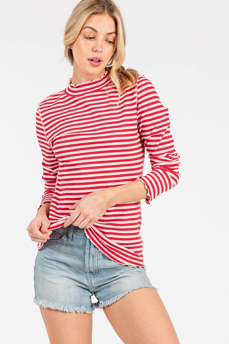 REVERSED STITCH RIBBED STRIPE LONG SLEEVE TOP-RSRSLS