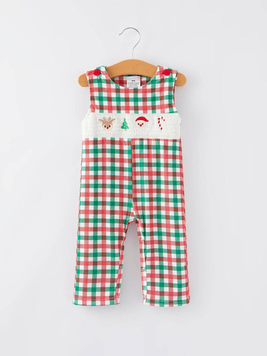 Christmas Plaid Smocking Embroidered Boys Romper RF40017