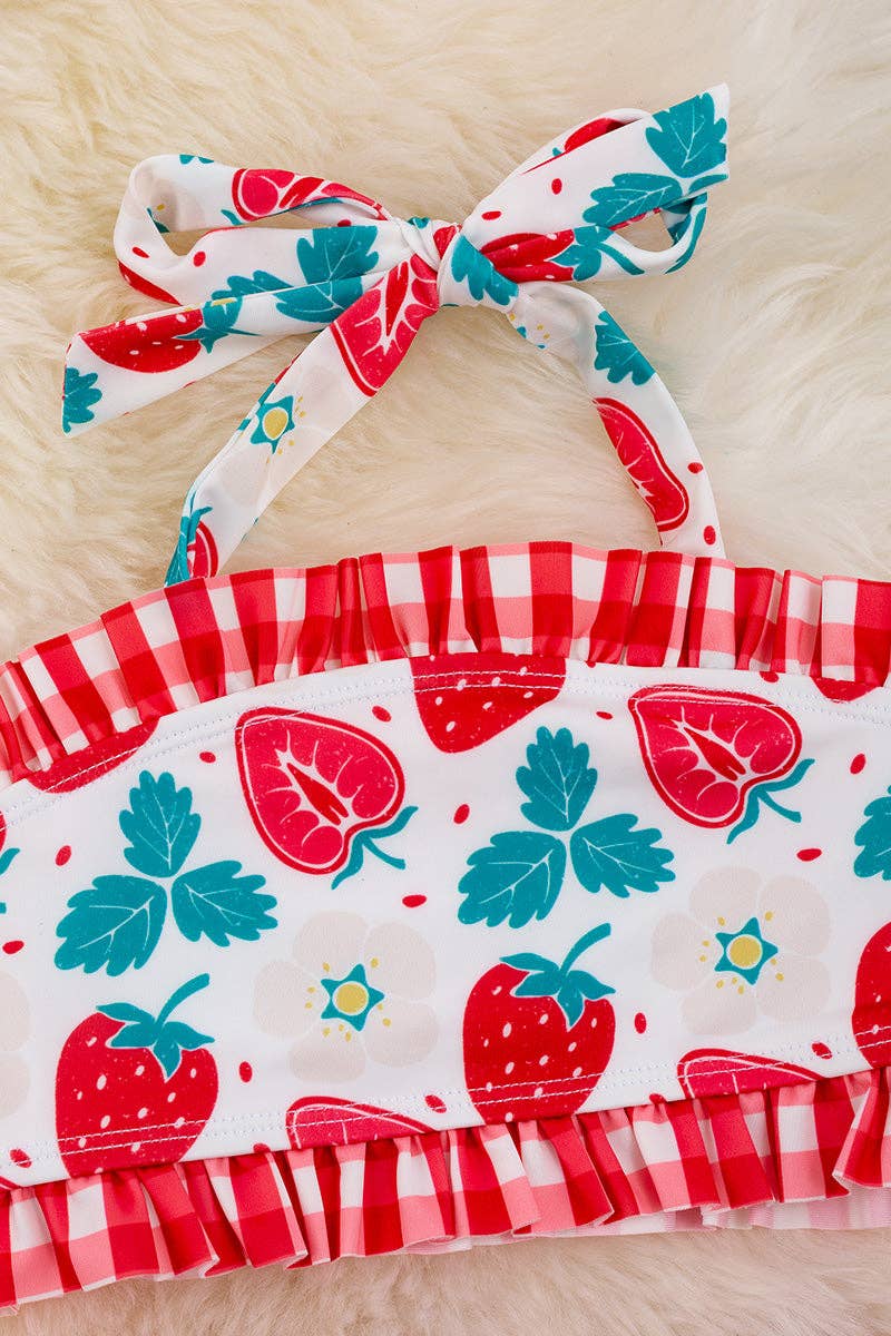 Strawberry printed swim set w/plaid ruffle.  SWG25134001