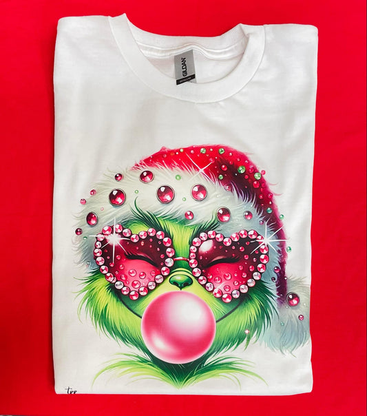 Grinch and bubble gum ( pink glasses with diamonds and santa hat) T-shirt