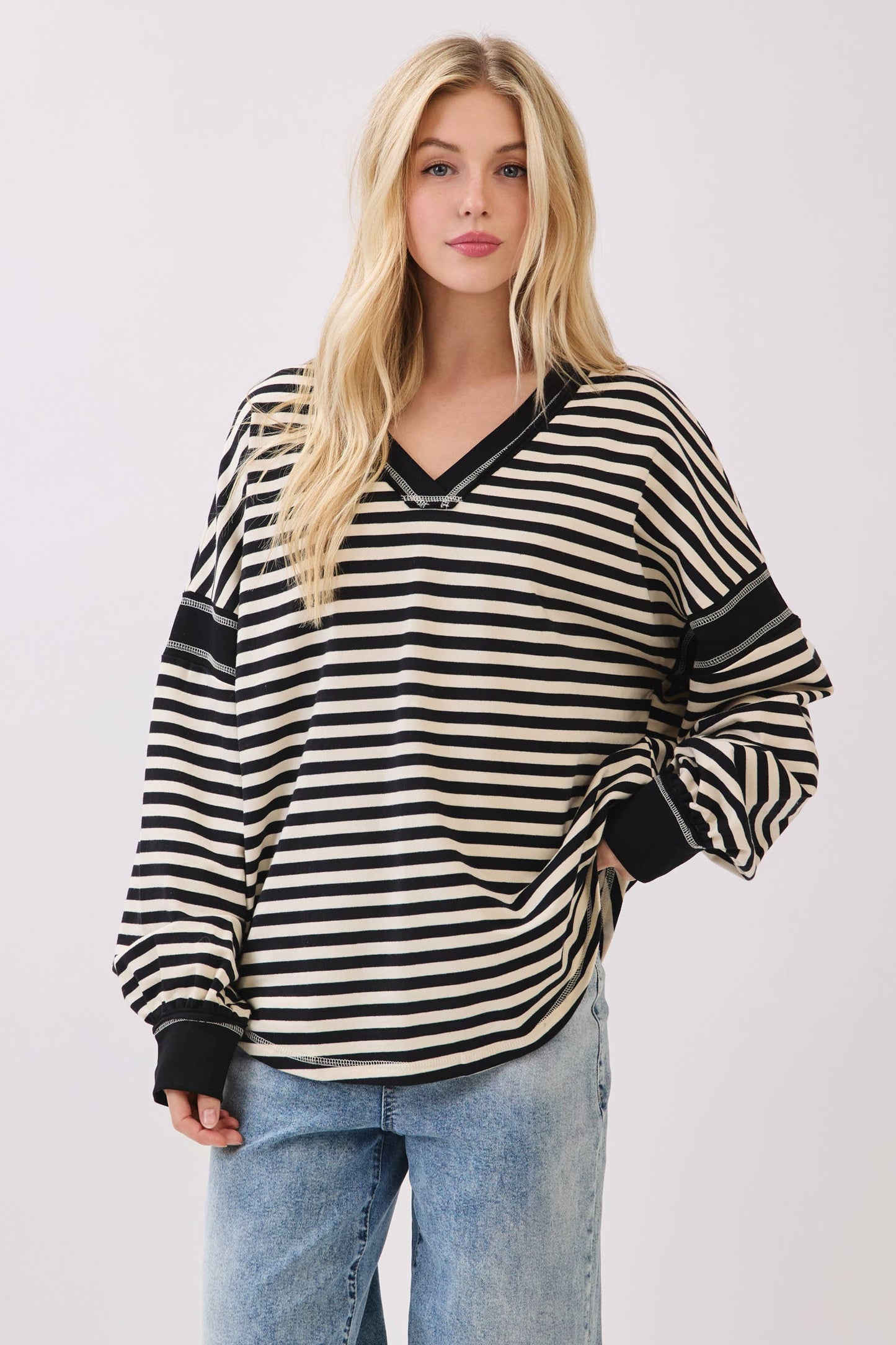 Striped Balloon Sleeve V-Neck Knit Top-SBSVK