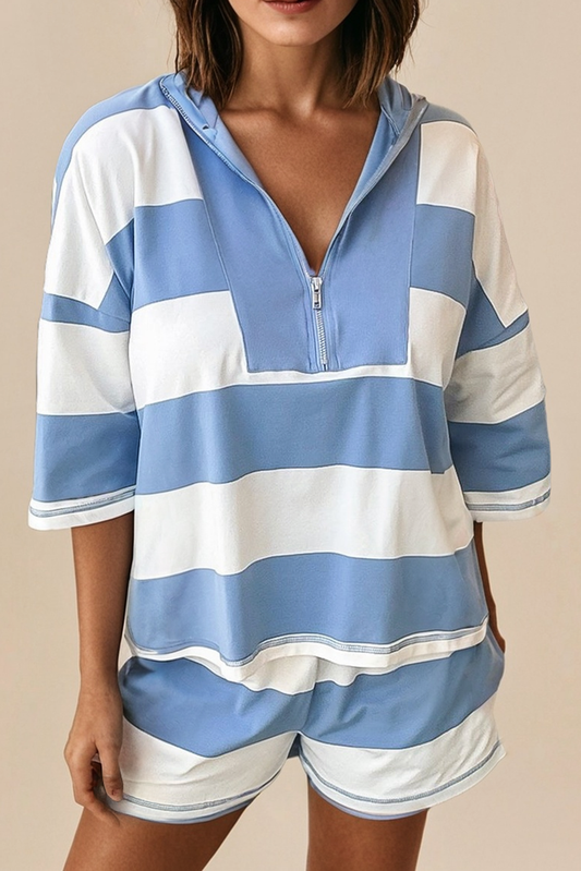 LA Society - Stripe Seam Detail Half Zip Oversize Tee Casual Shorts Set
