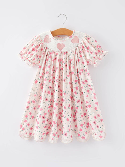 Valentine's Day Heart Smocking Embroidery Short Sleeve Girls Dress - DRG43368