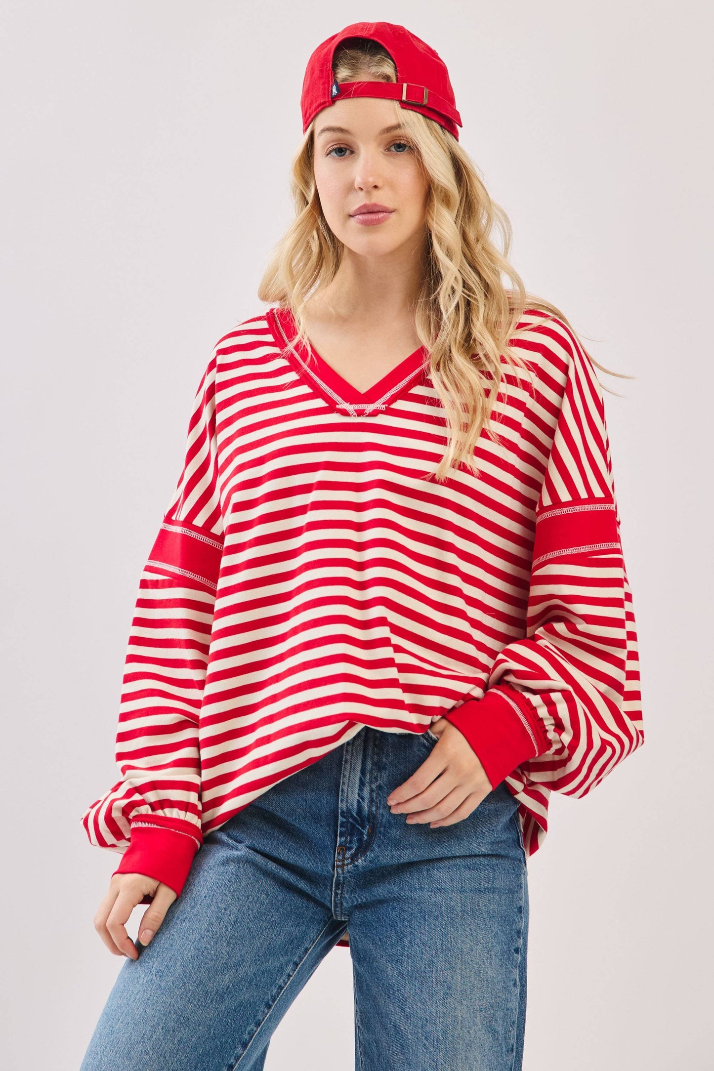 Striped Balloon Sleeve V-Neck Knit Top-SBSVK