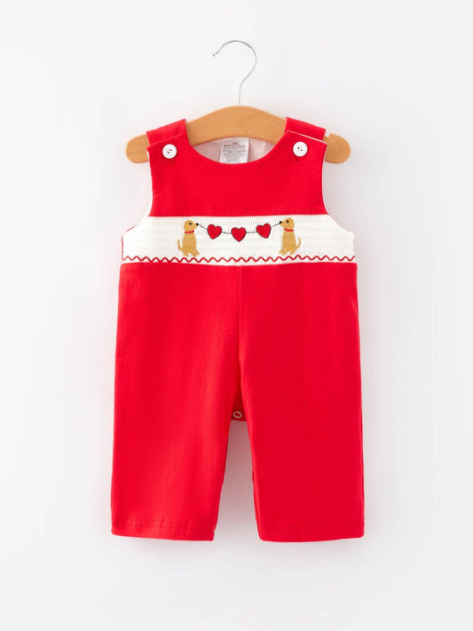 Valentine's Day Dog Heart Smocking Embroidered Boys Romper VD1