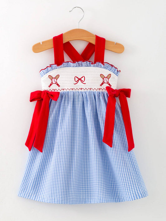 Toddler Girls Blue Plaid Baseball Smocked Dress 011226AJ
