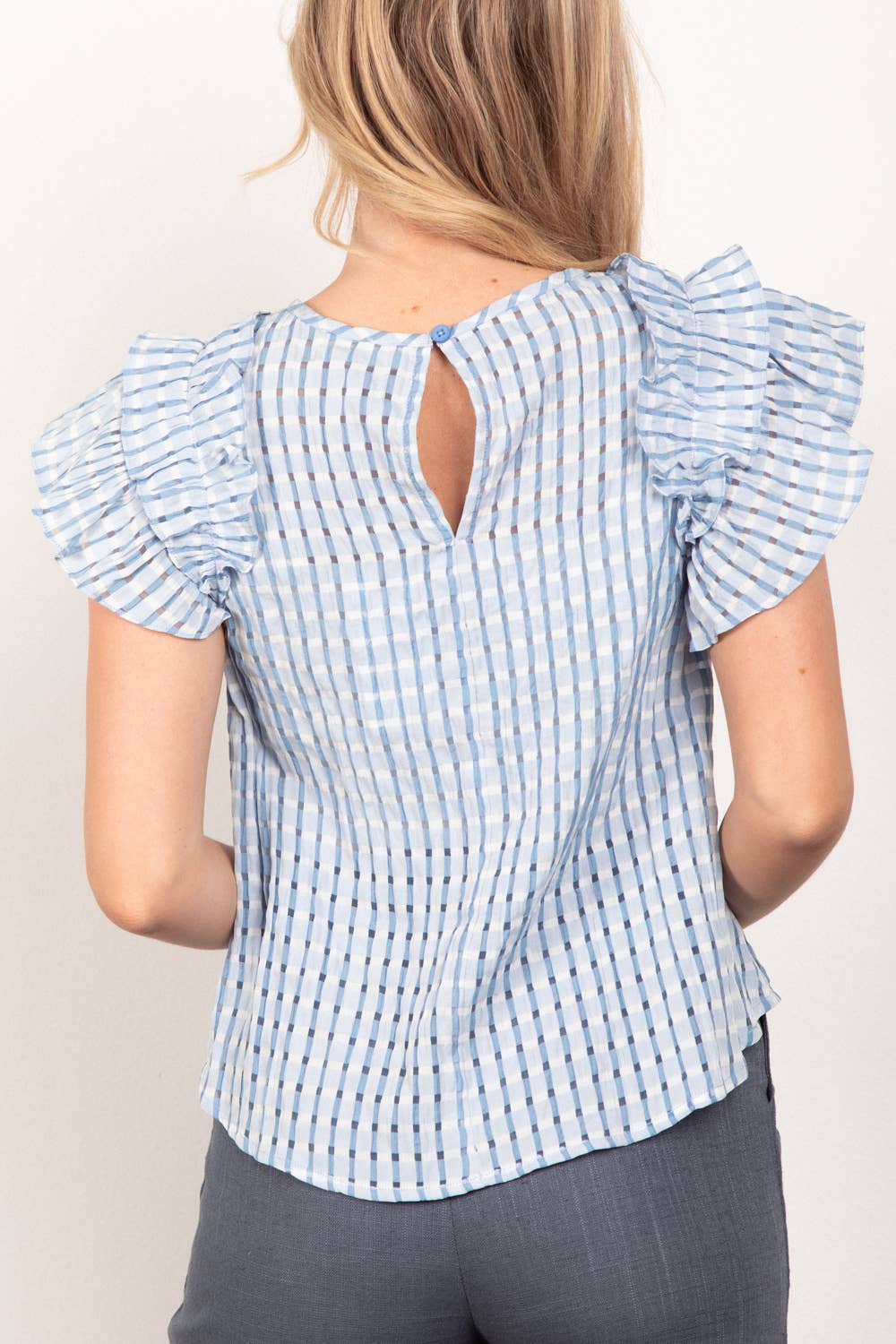 Layer Ruffle Sleeve Plaid Flannel Woven Top NTI-1480