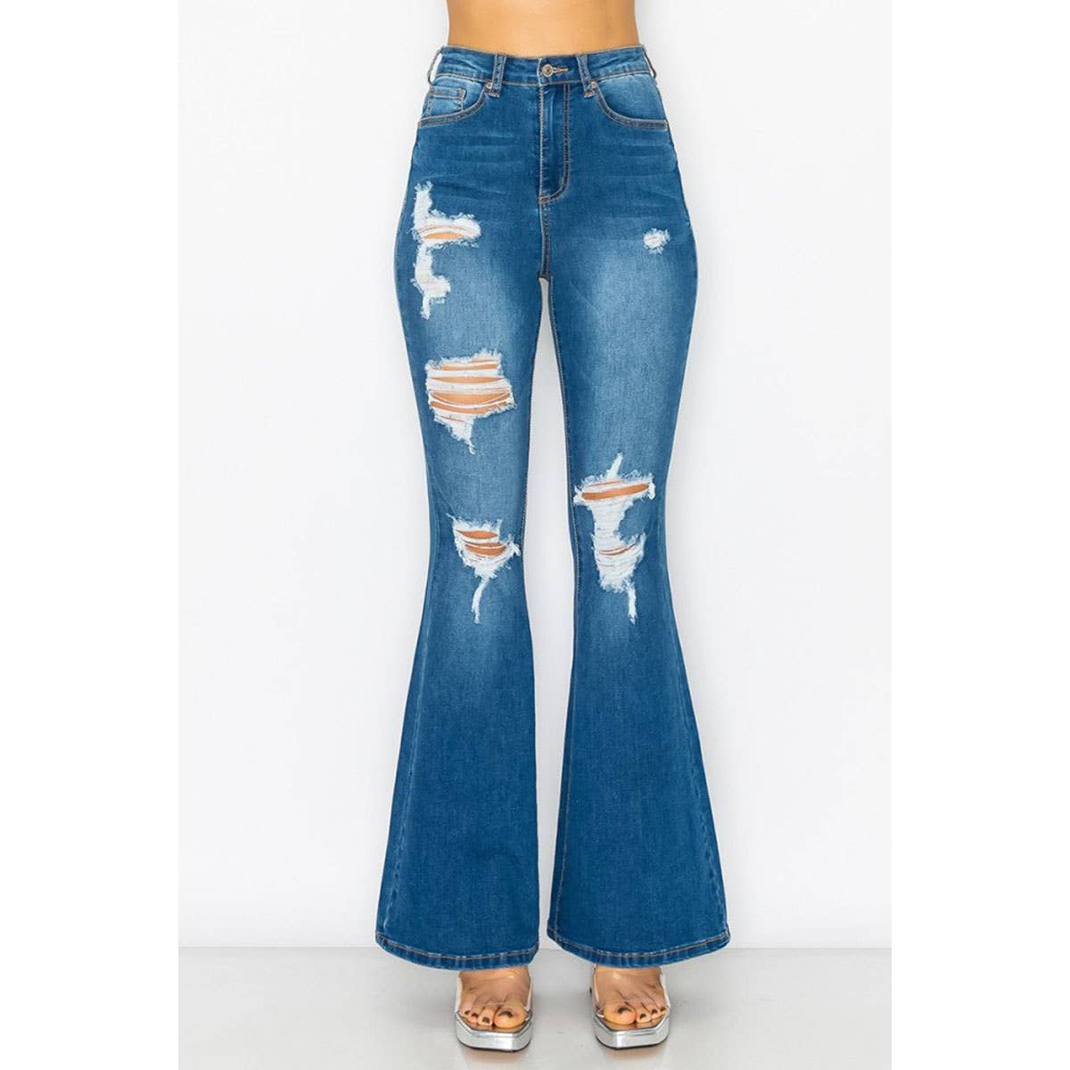 BLOWN OUT DESTRUCTED FLARE DENIM JEANS  GUPW-283