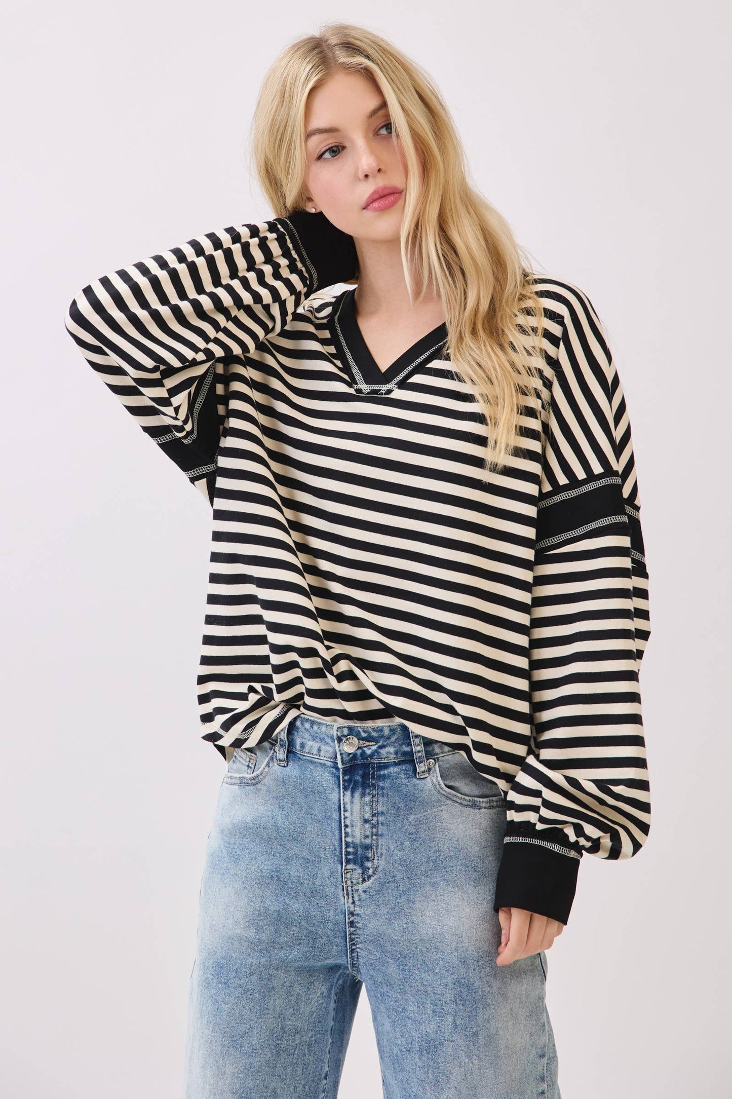Striped Balloon Sleeve V-Neck Knit Top-SBSVK