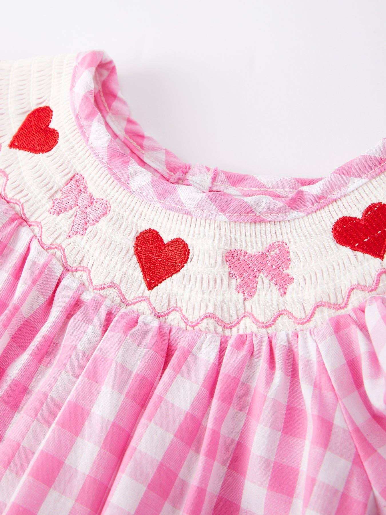 Valentine's Day Heart Bow Smocking Embroidered Pink Romper VDHB89