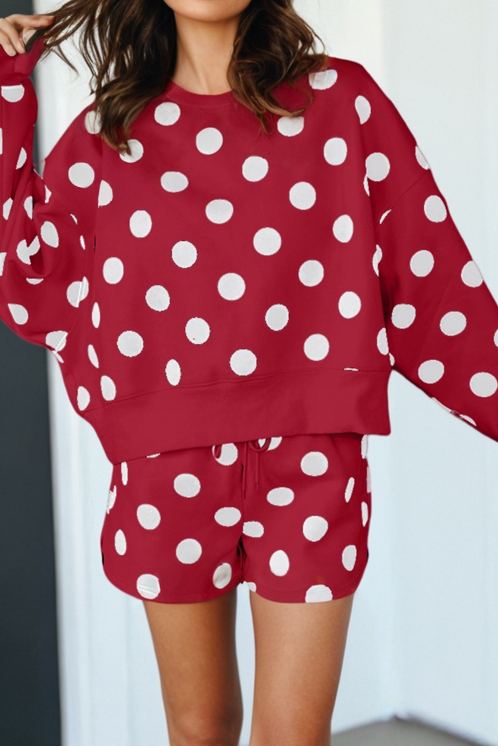 Polka Dot Print Drop Shoulder Pullover Drawstring Short Set-010826br6