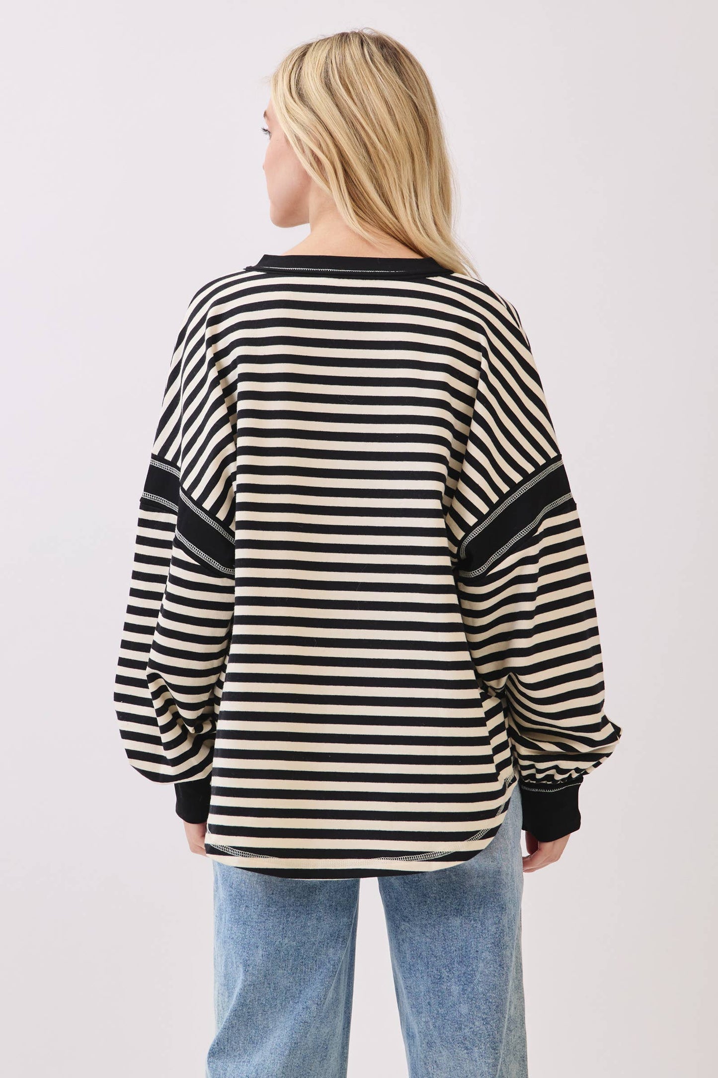 Striped Balloon Sleeve V-Neck Knit Top-SBSVK