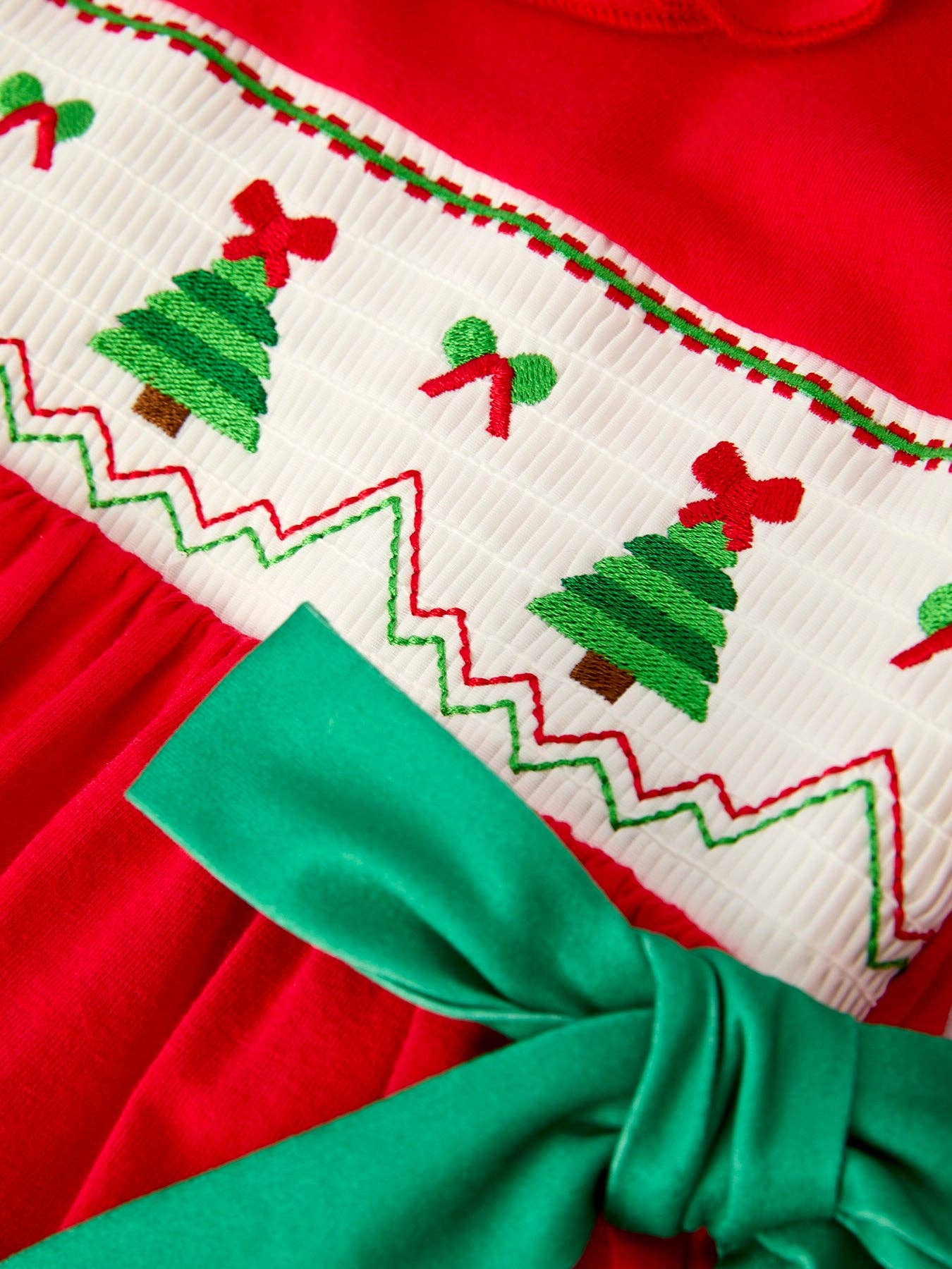 Rylee Faith Designs - Christmas Smocked Dress with Green Bow and Tree Embroidery-101825jb