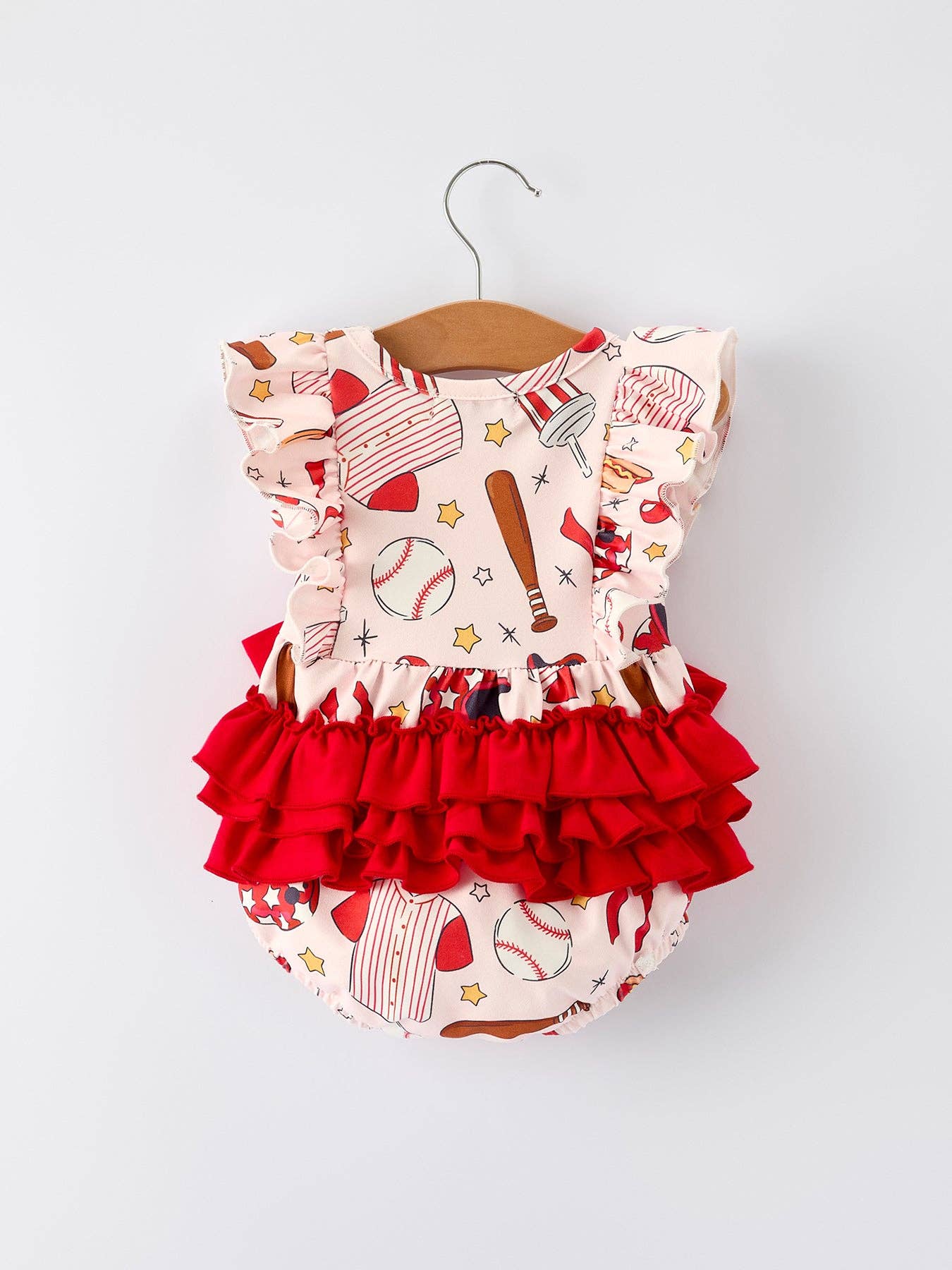 Baby Girl Romper with Red Bows Baseball Print 011226AJ