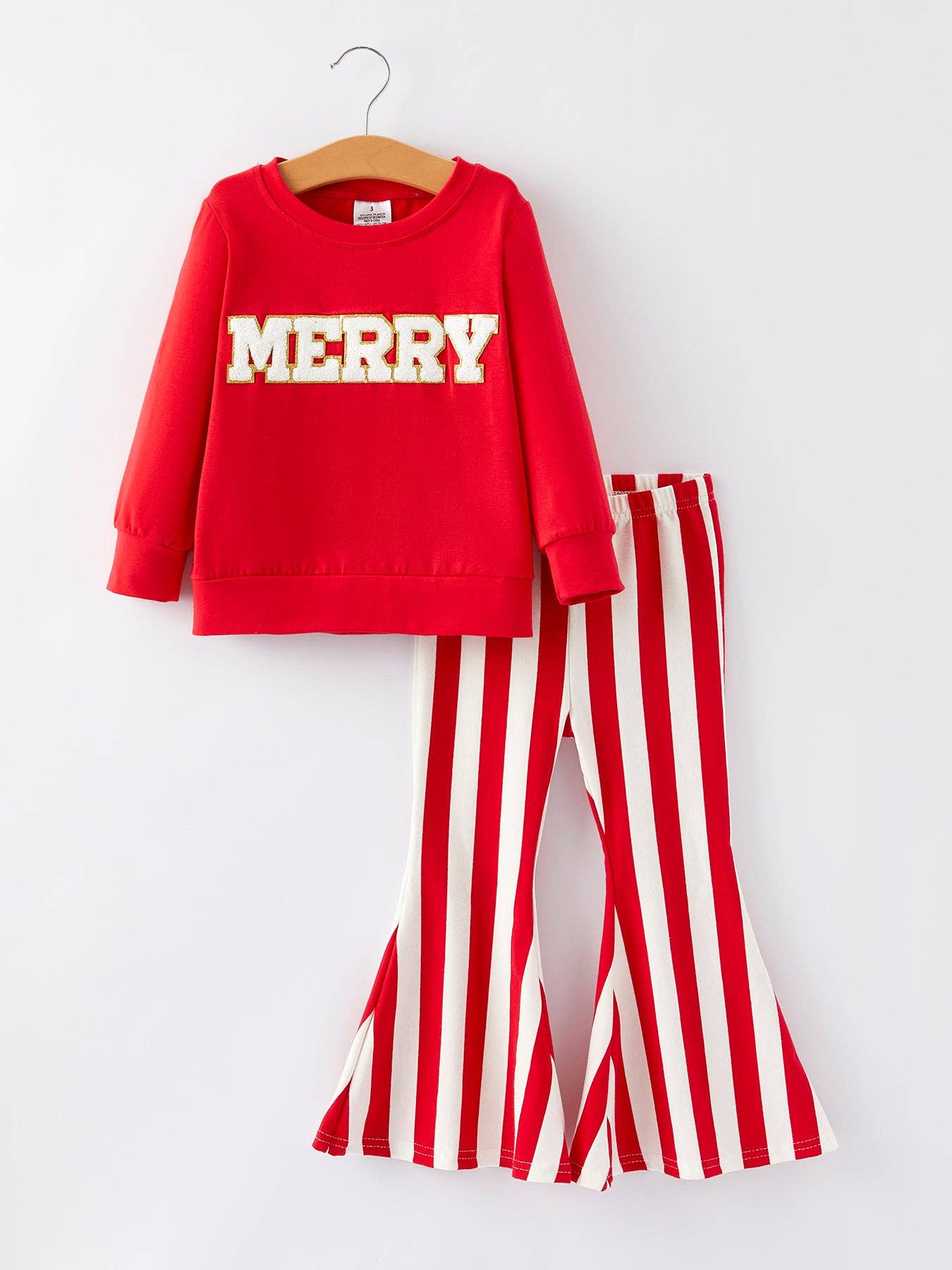 “MERRY” Applique Girls Striped Bell-bottom Pants Outfit Set   OFG4