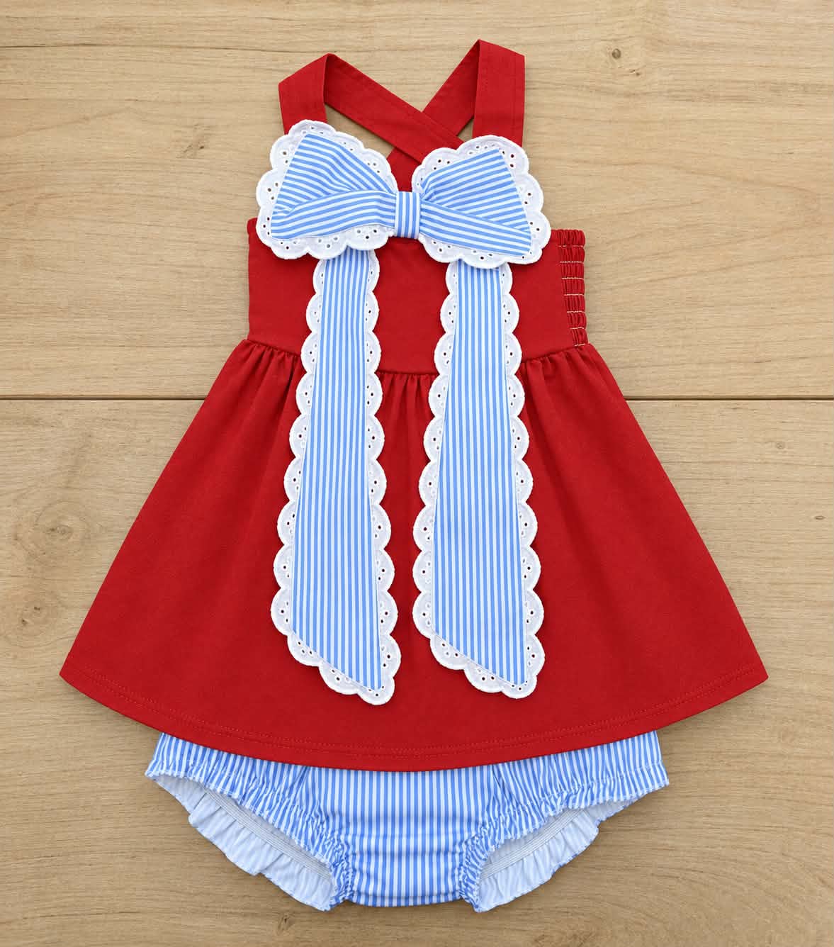 STRIPED BOW RED AND LIGHT BLUE SHORT SET (IN STORE) (TRUSTED) 92426 MM