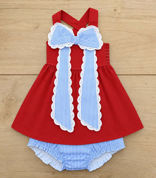 STRIPED BOW RED AND LIGHT BLUE SHORT SET (IN STORE) (TRUSTED) 92426 MM