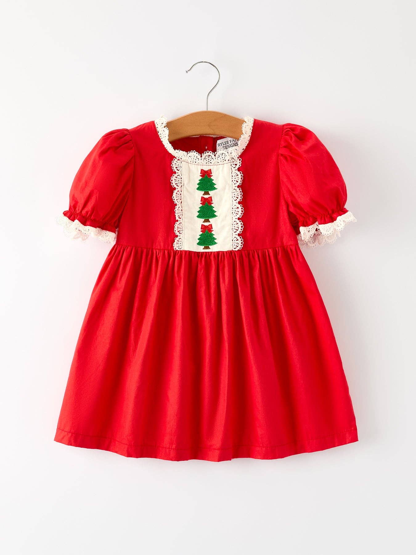 Rylee Faith Designs - Red Christmas Girls Dress: Beautiful Embroidery with Lace Trim-101825jb