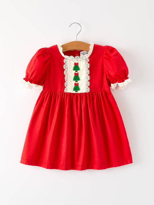 Rylee Faith Designs - Red Christmas Girls Dress: Beautiful Embroidery with Lace Trim-101825jb