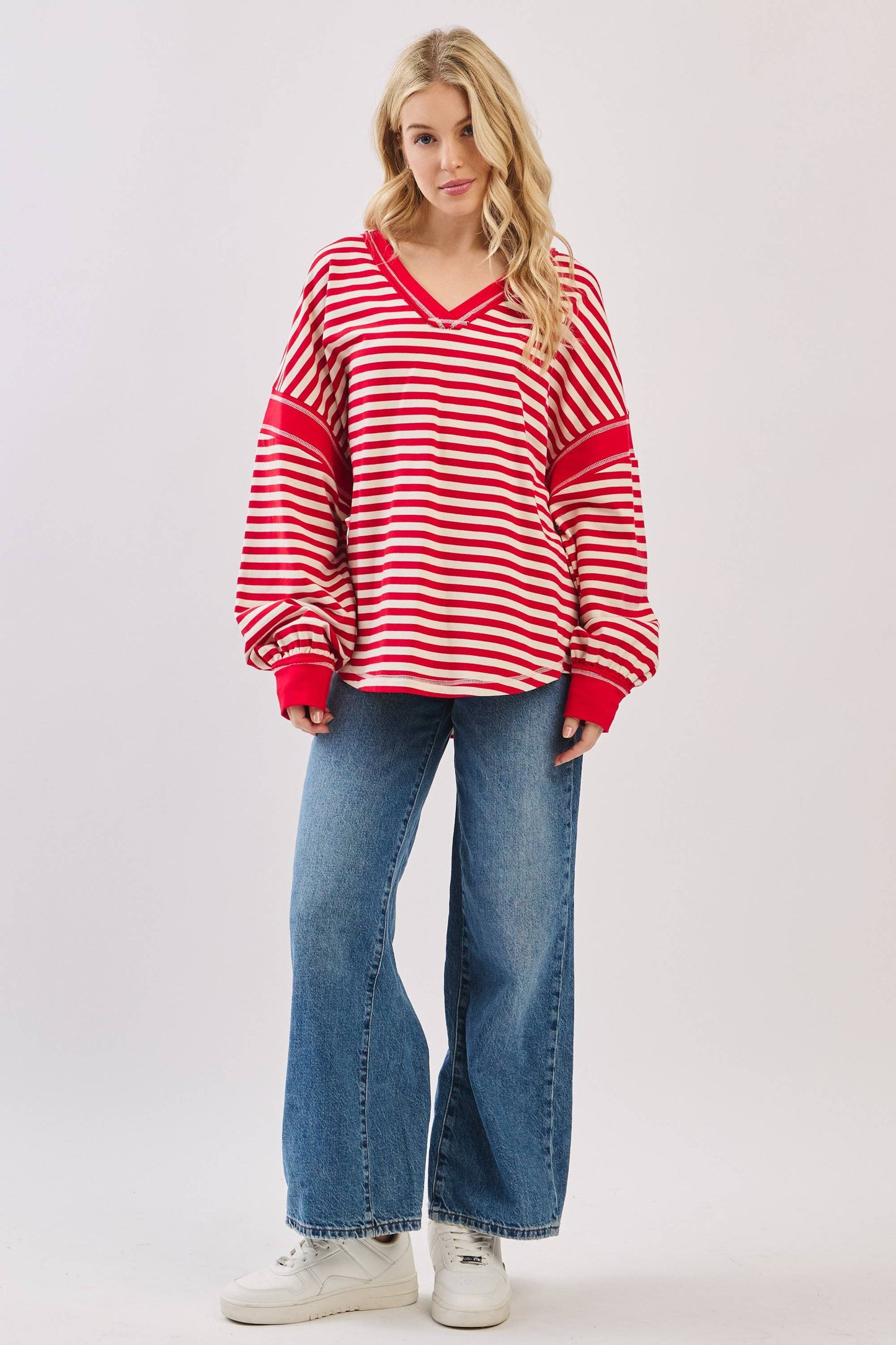 Striped Balloon Sleeve V-Neck Knit Top-SBSVK