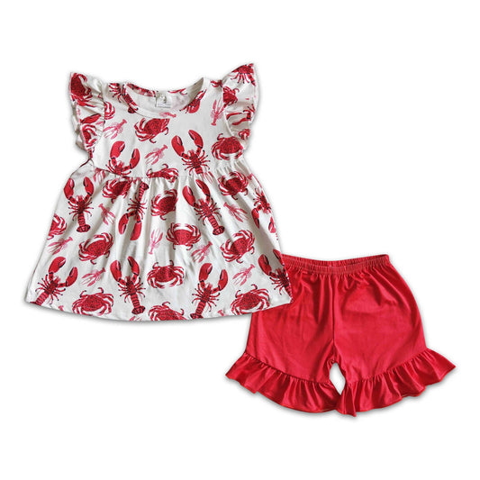 Crawfish crab print flutter sleeve red shorts girls summer  C027